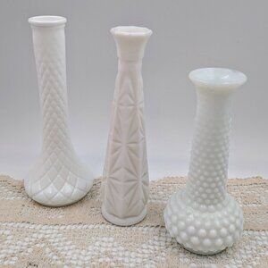 Bundle of 3 Midcentury Vintage Milk Glass Bud Vases